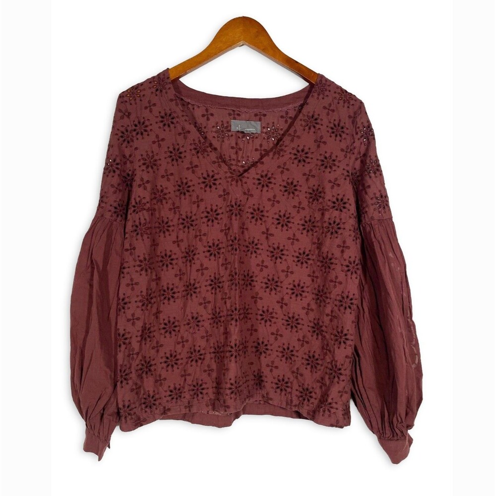 By Anthropologie Eyelet Embroidered Cotton Blouse Size M Maroon Balloon Sleeve